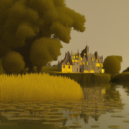 un chateau sous l'eau, jaune, la nuit, salamandre
