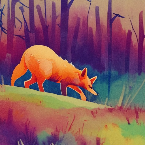 Un renard dans une forêt entourée de champs, Bleu, Printemps , Cheval