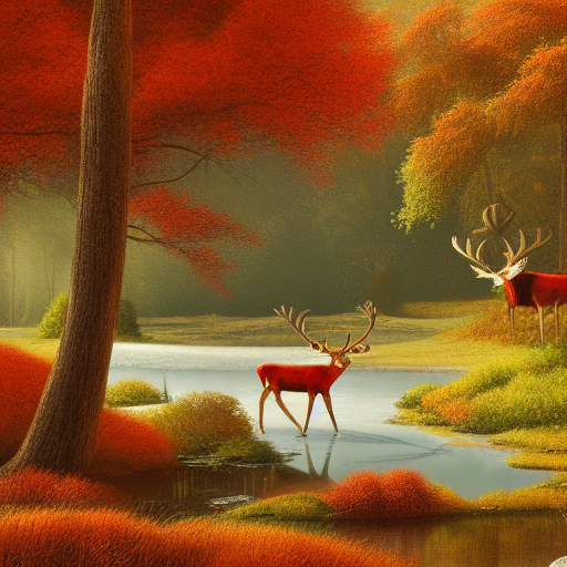 la rivière, rouge, l'automne, le cerf