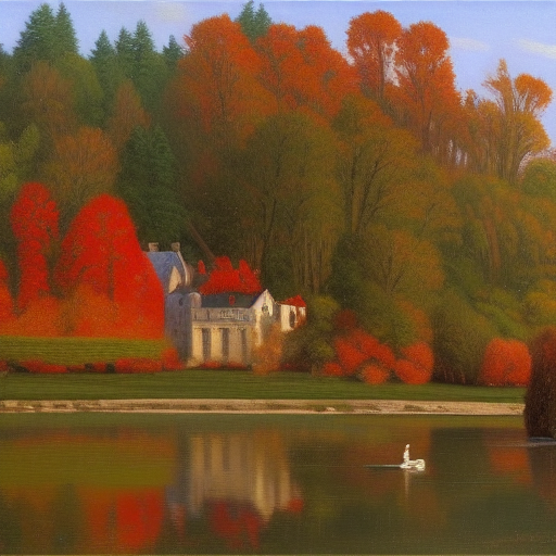 Château au bord d’un’lac, Vert, rouge, Automne , Biche par Louly