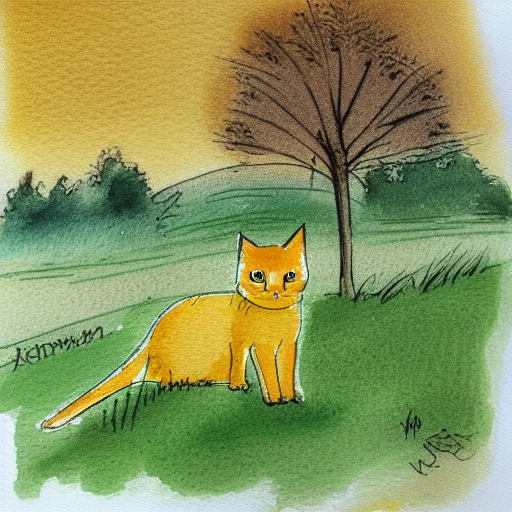 champ de blé, jaune, été, petit chat, watercolor par etiennemineur